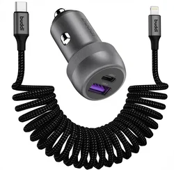Buddi Power 89W USB-A / USB-C Autolader met USB-C naar Lightning Krulsnoer afbeelding