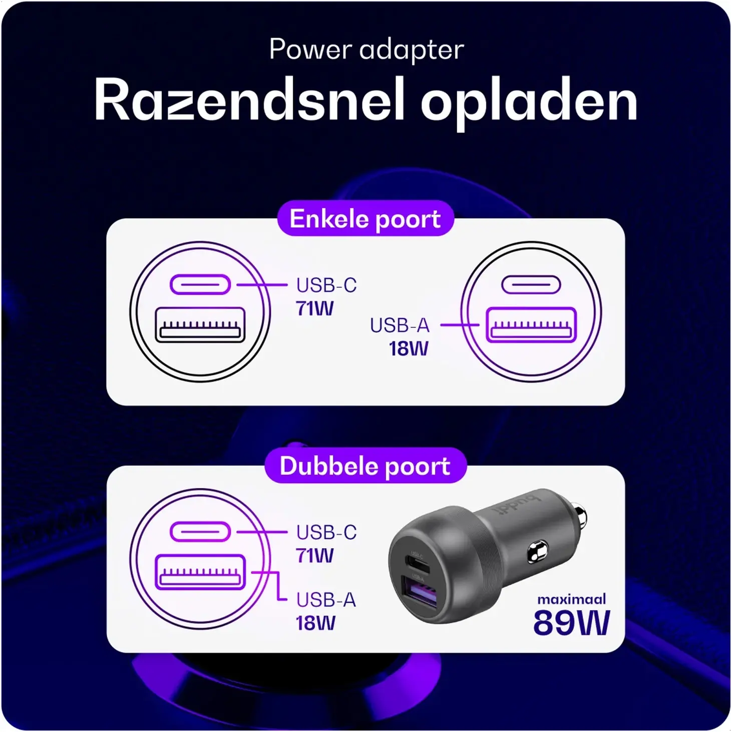 Buddi Power 89W USB-A / USB-C Autolader met USB-C naar Lightning Krulsnoer afbeelding 9
