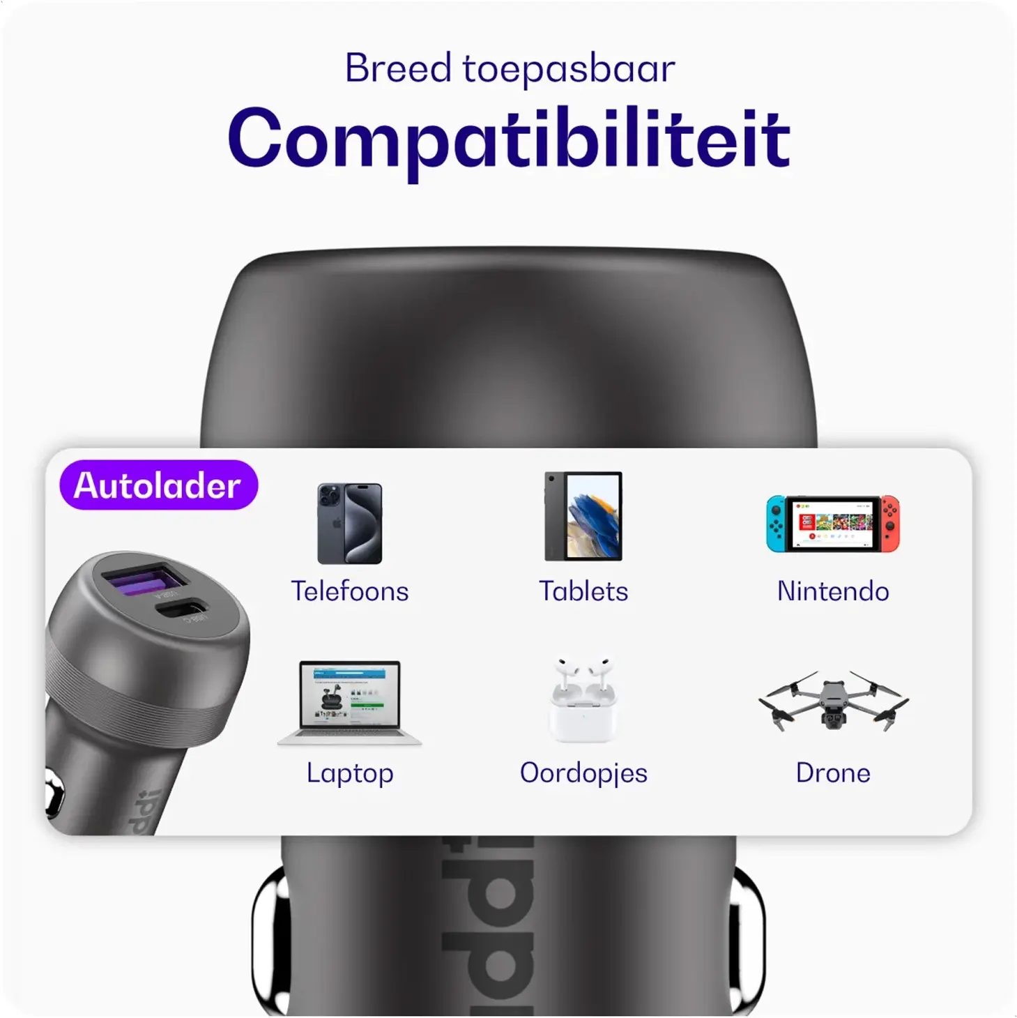 Buddi Power 89W USB-A / USB-C Autolader met USB-C naar Lightning Krulsnoer afbeelding 8