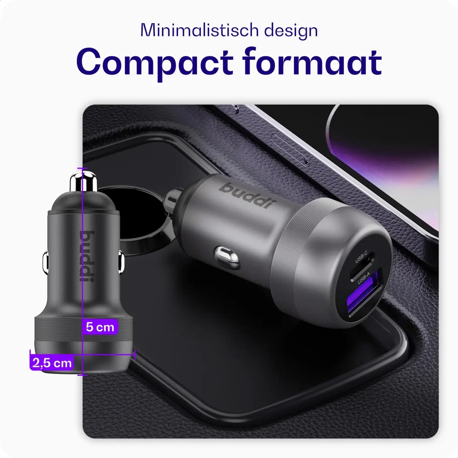 Buddi Power 89W USB-A / USB-C Autolader met USB-C naar Lightning Krulsnoer afbeelding 12