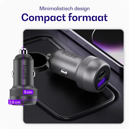 Buddi Power 89W USB-A / USB-C Autolader met USB-C naar Lightning Krulsnoer afbeelding 12