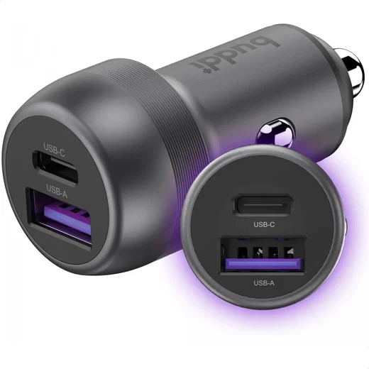 Buddi Power 89W USB-A / USB-C Autolader met USB-C naar Lightning Krulsnoer afbeelding 2