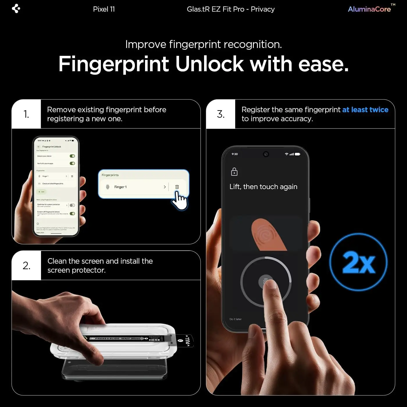 Spigen EZ Fit GLAS.tR Google Pixel 11 Privacy Glass 2-Pack afbeelding 9