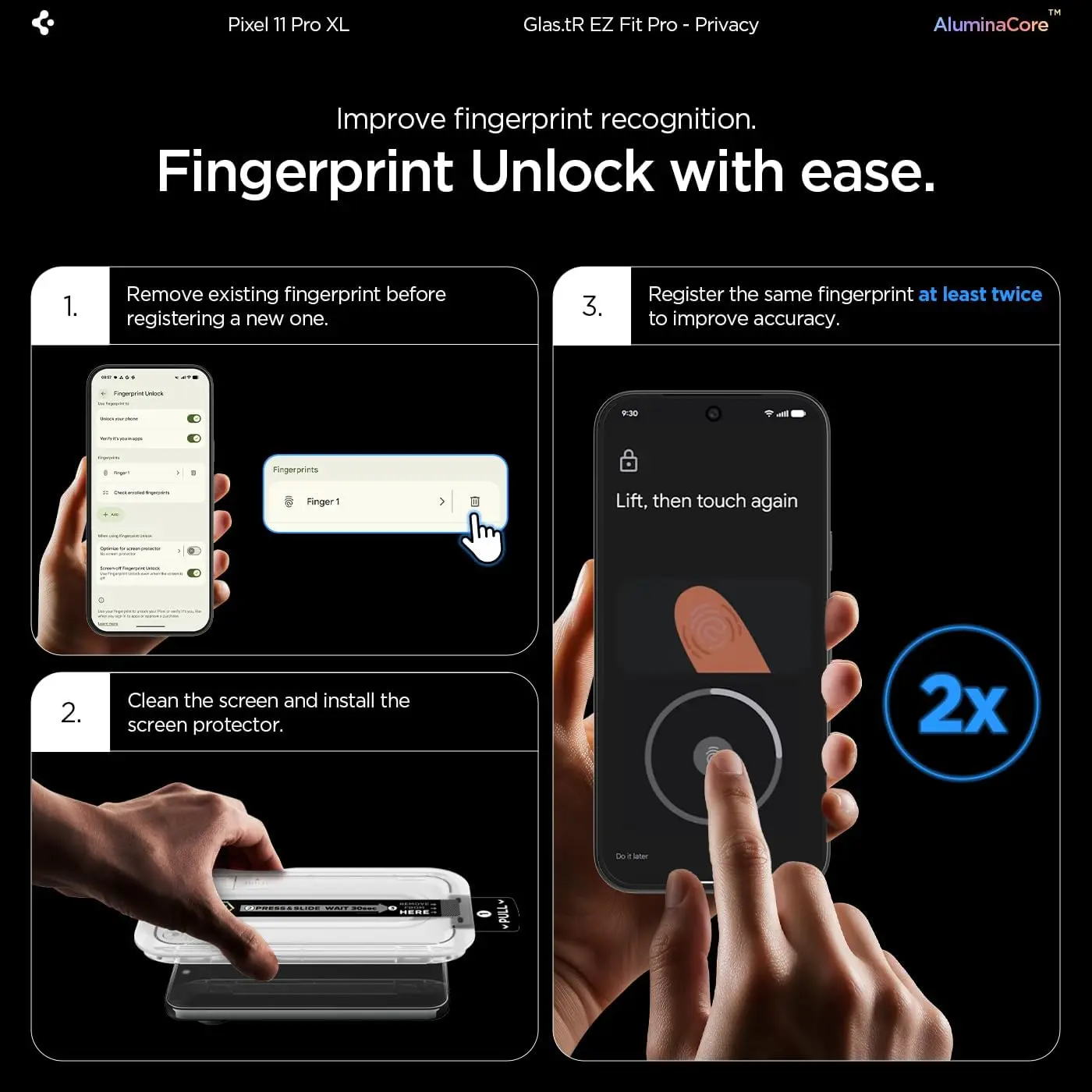 Spigen EZ Fit GLAS.tR Google Pixel 11 Pro XL Privacy Glass 2-Pack afbeelding 9