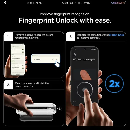 Spigen EZ Fit GLAS.tR Google Pixel 11 Pro XL Privacy Glass 2-Pack afbeelding 9