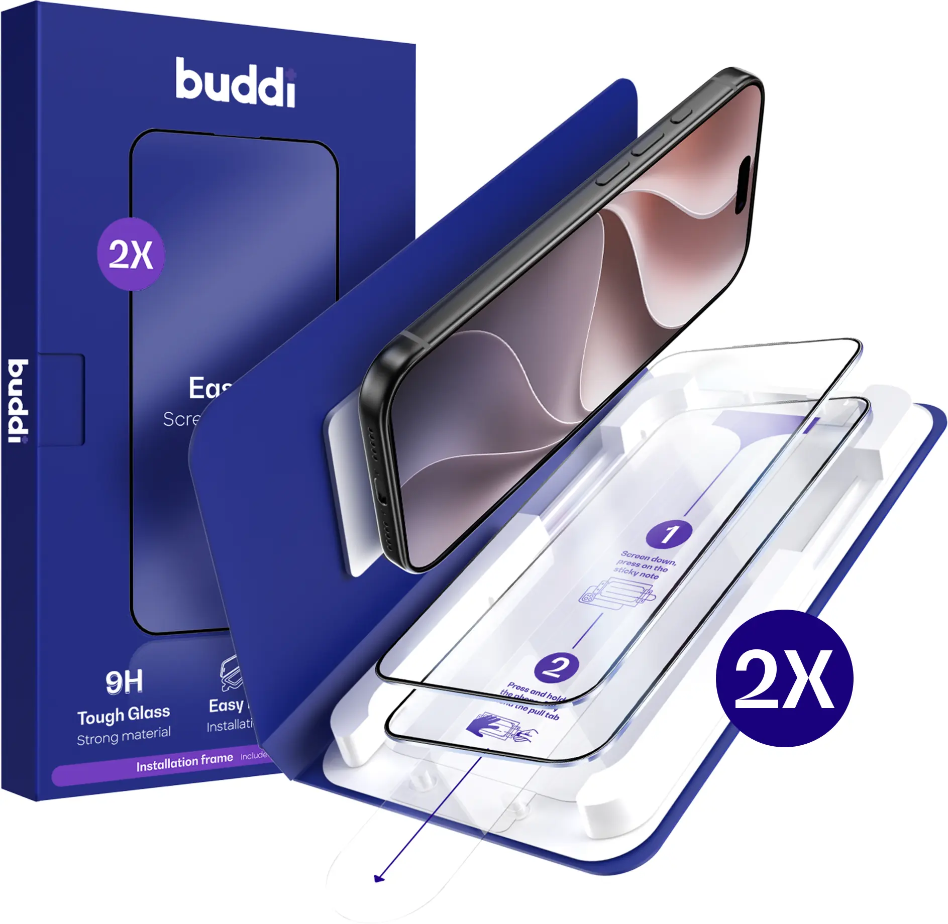 Buddi Easy Fit Apple iPhone 18 Pro Tempered Glass met Installatietray (2-pack) afbeelding 1