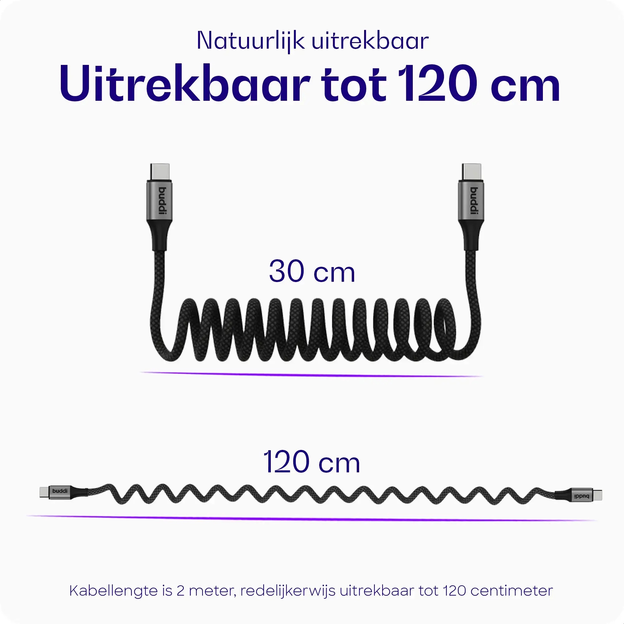 Buddi Power 89W USB-A / USB-C Autolader met USB-C naar USB-C Krulsnoer 2M afbeelding 5