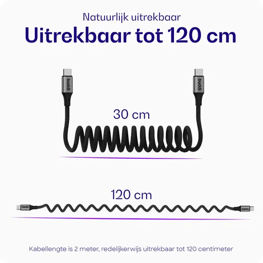 Buddi Power 89W USB-A / USB-C Autolader met USB-C naar USB-C Krulsnoer 2M afbeelding 5