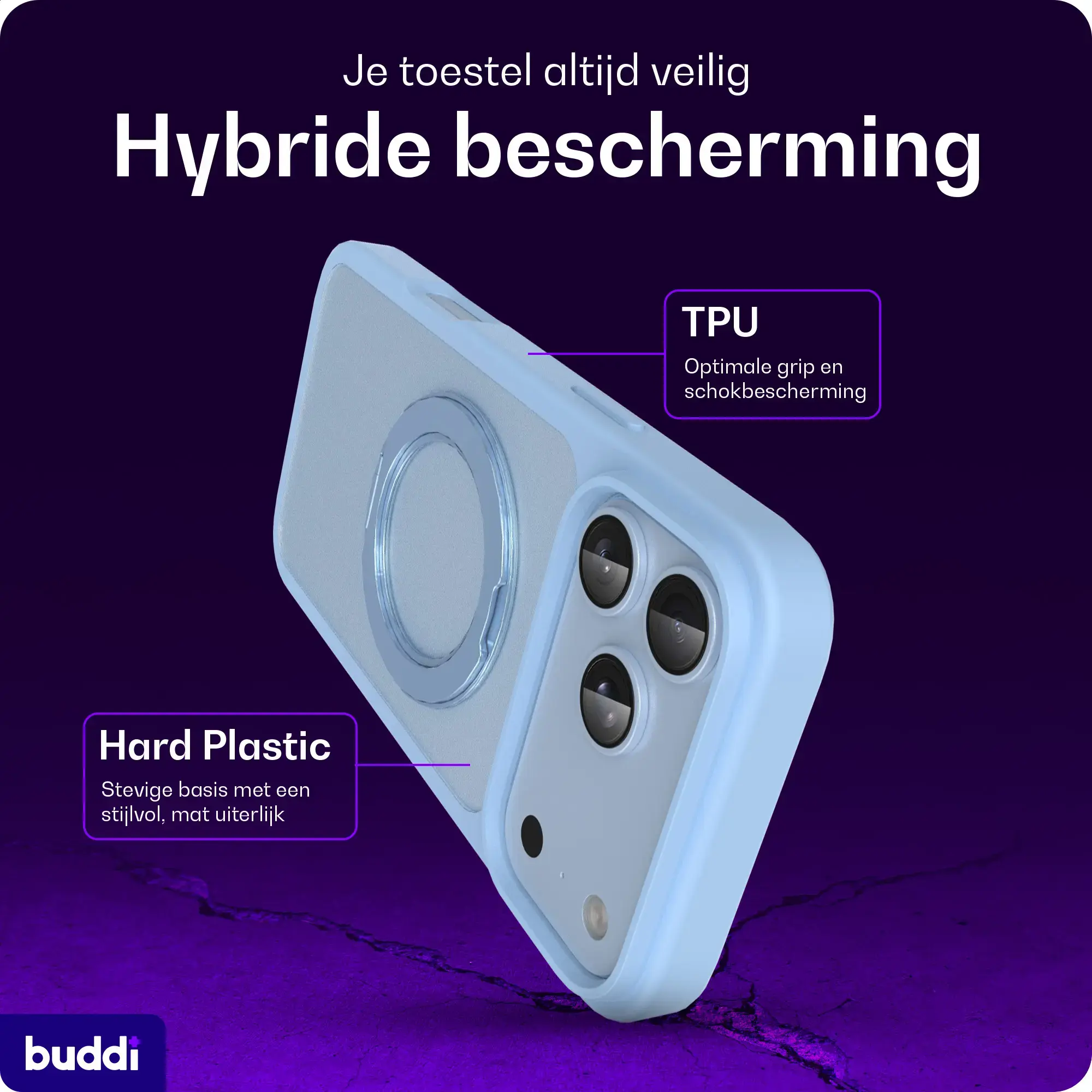 Buddi Frost Apple iPhone 17 Pro Max Hoesje MagSafe Ring Stand Matte Licht Blauw afbeelding 3