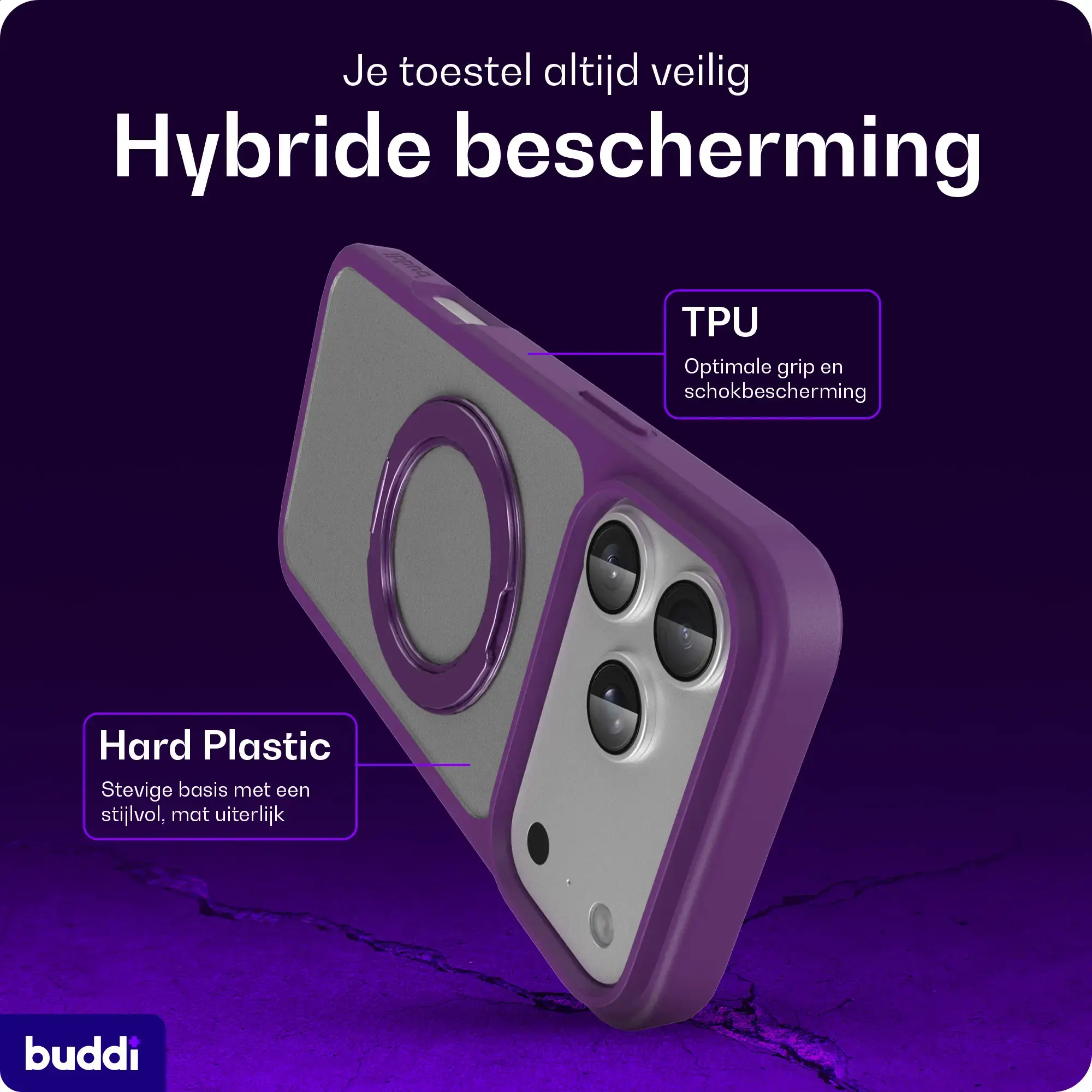 Buddi Frost Apple iPhone 17 Pro Max Hoesje MagSafe Ring Stand Matte Paars afbeelding 3