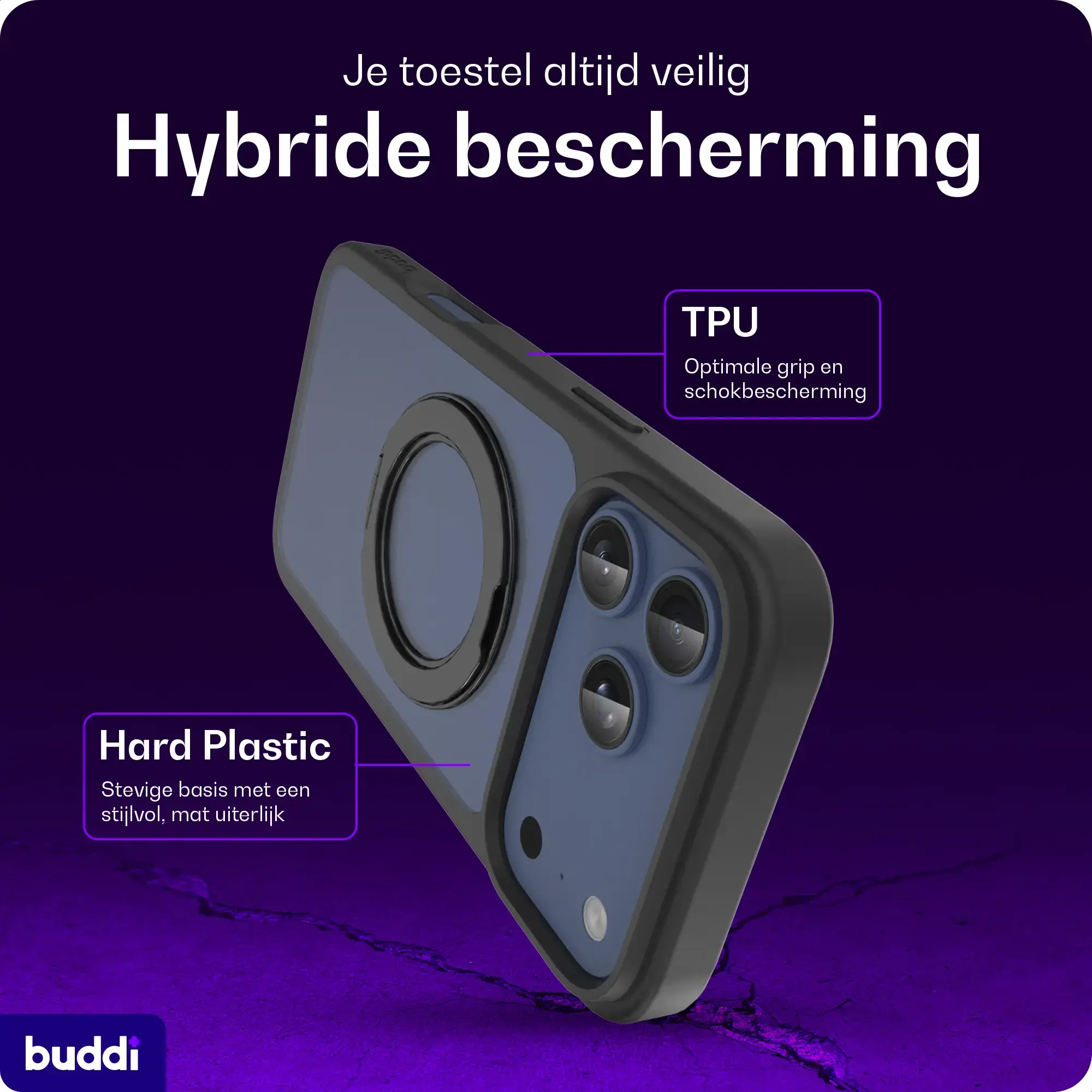 Buddi Frost Apple iPhone 17 Pro Max Hoesje MagSafe Ring Stand Matte Zwart afbeelding 3