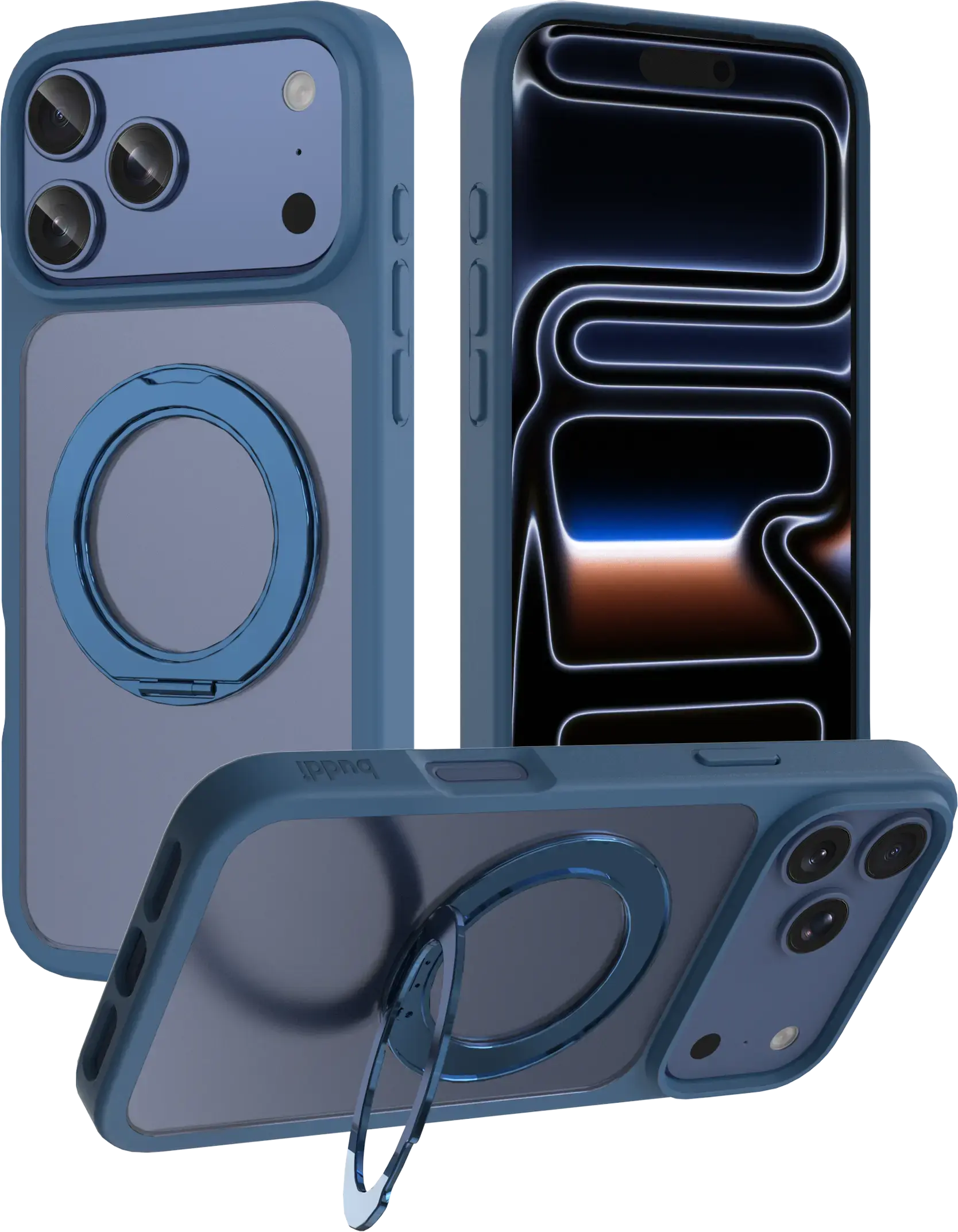 Buddi Frost Apple iPhone 17 Pro Hoesje MagSafe Ring Stand Matte Donker Blauw afbeelding 1