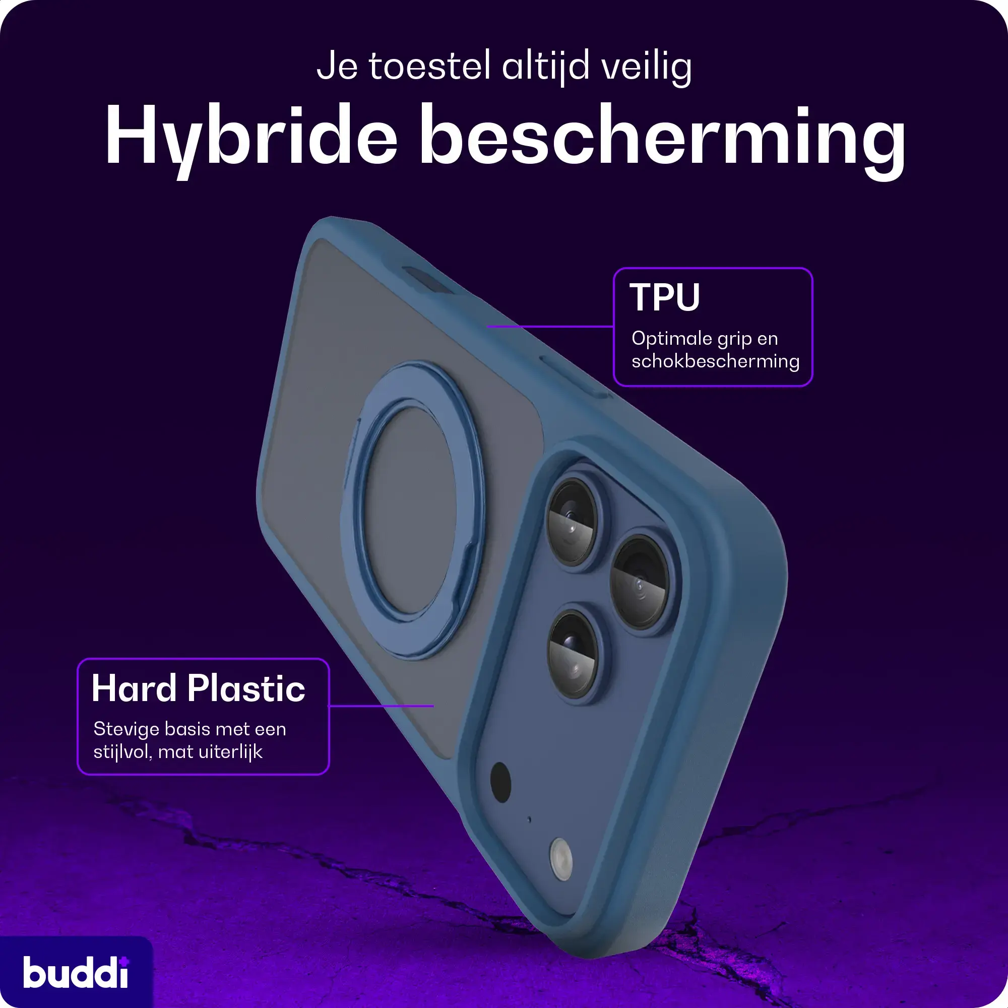 Buddi Frost Apple iPhone 17 Pro Hoesje MagSafe Ring Stand Matte Donker Blauw afbeelding 3
