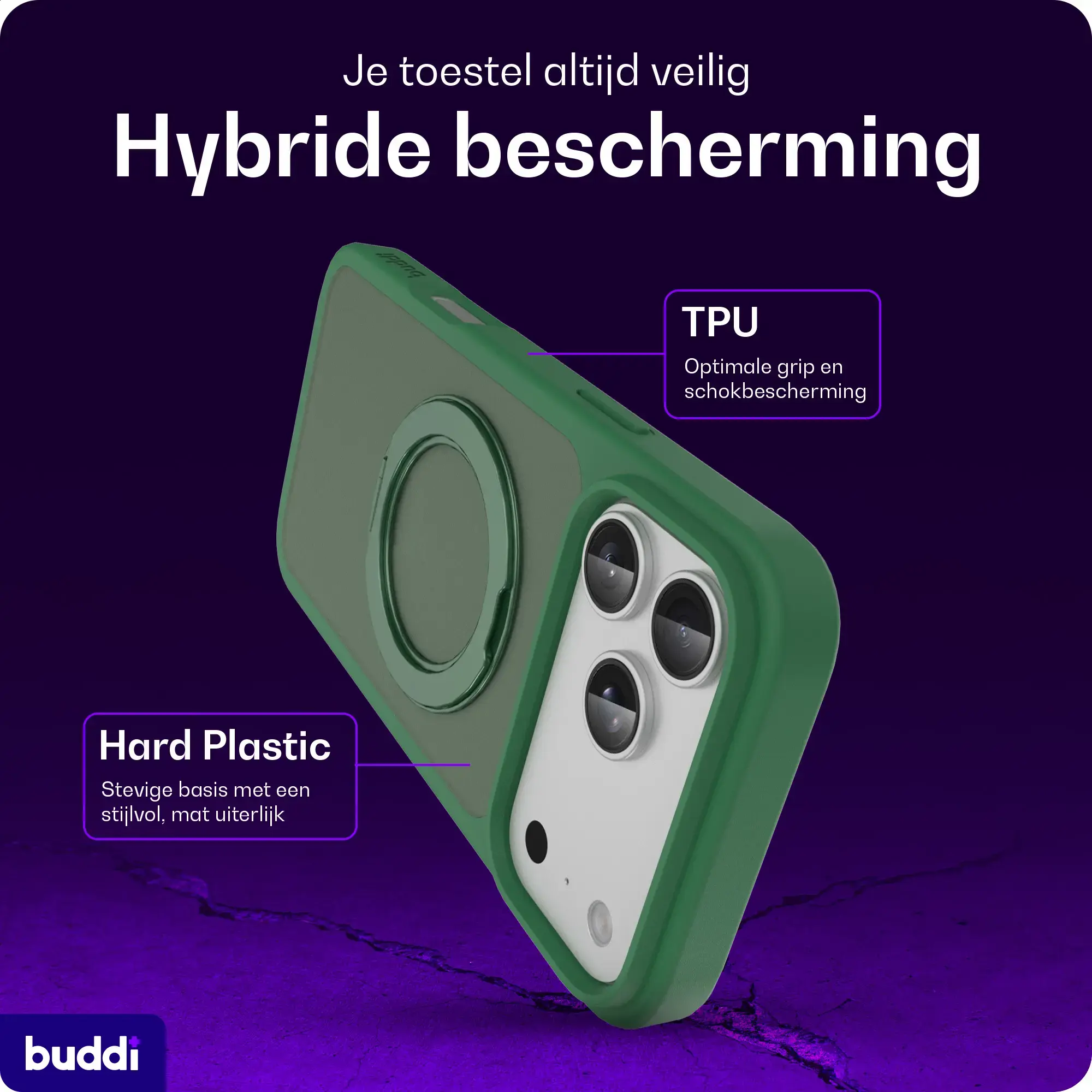 Buddi Frost Apple iPhone 17 Pro Hoesje MagSafe Ring Stand Matte Groen afbeelding 3