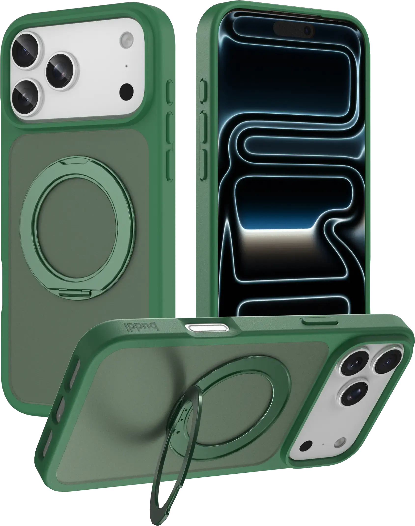 Buddi Frost Apple iPhone 17 Pro Hoesje MagSafe Ring Stand Matte Groen afbeelding 1