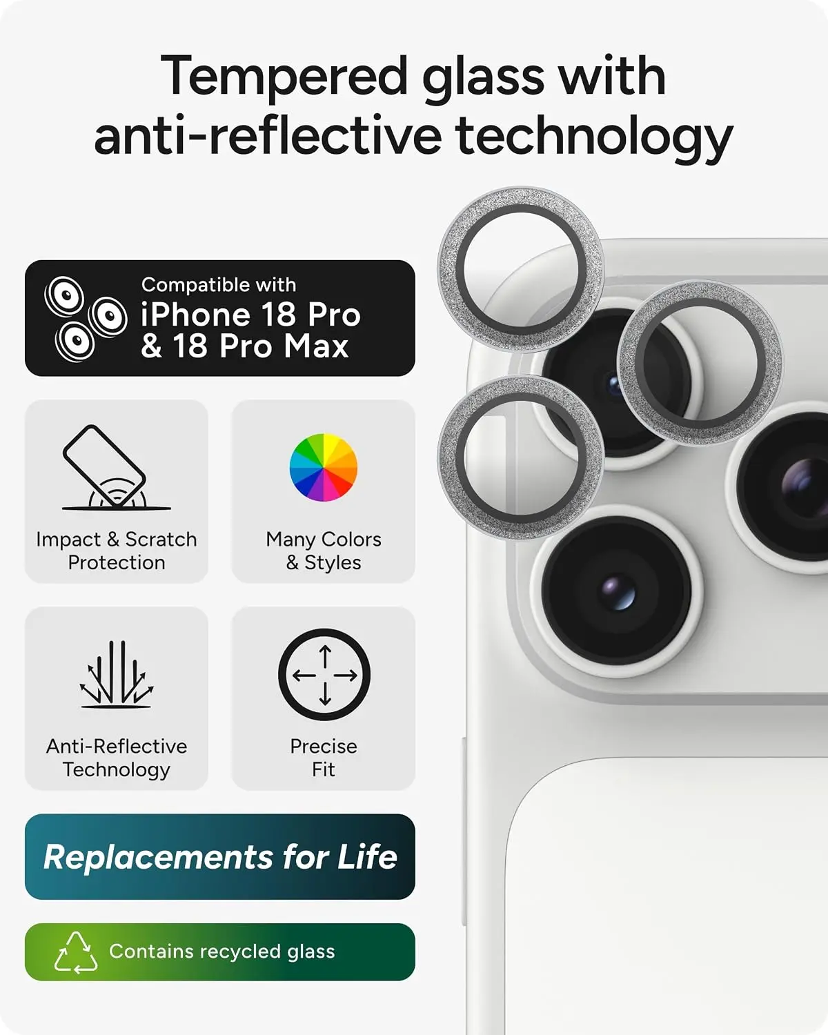 ZAGG Camera Rings iPhone 18 Pro / 18 Pro Max Camera Protector Zilver Glitter afbeelding 2