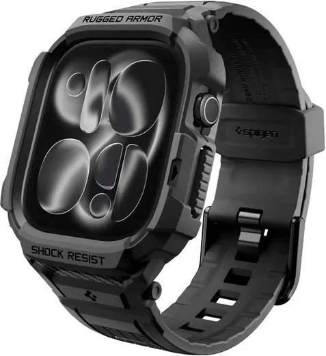 Spigen Rugged Armor Pro - Apple Watch 12 46MM - Hoesje en Bandje (S) - Zwart afbeelding 1