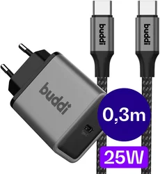 Buddi Power 25W USB-C Power Adapter met USB-C Kabel 0,3M Grijs afbeelding