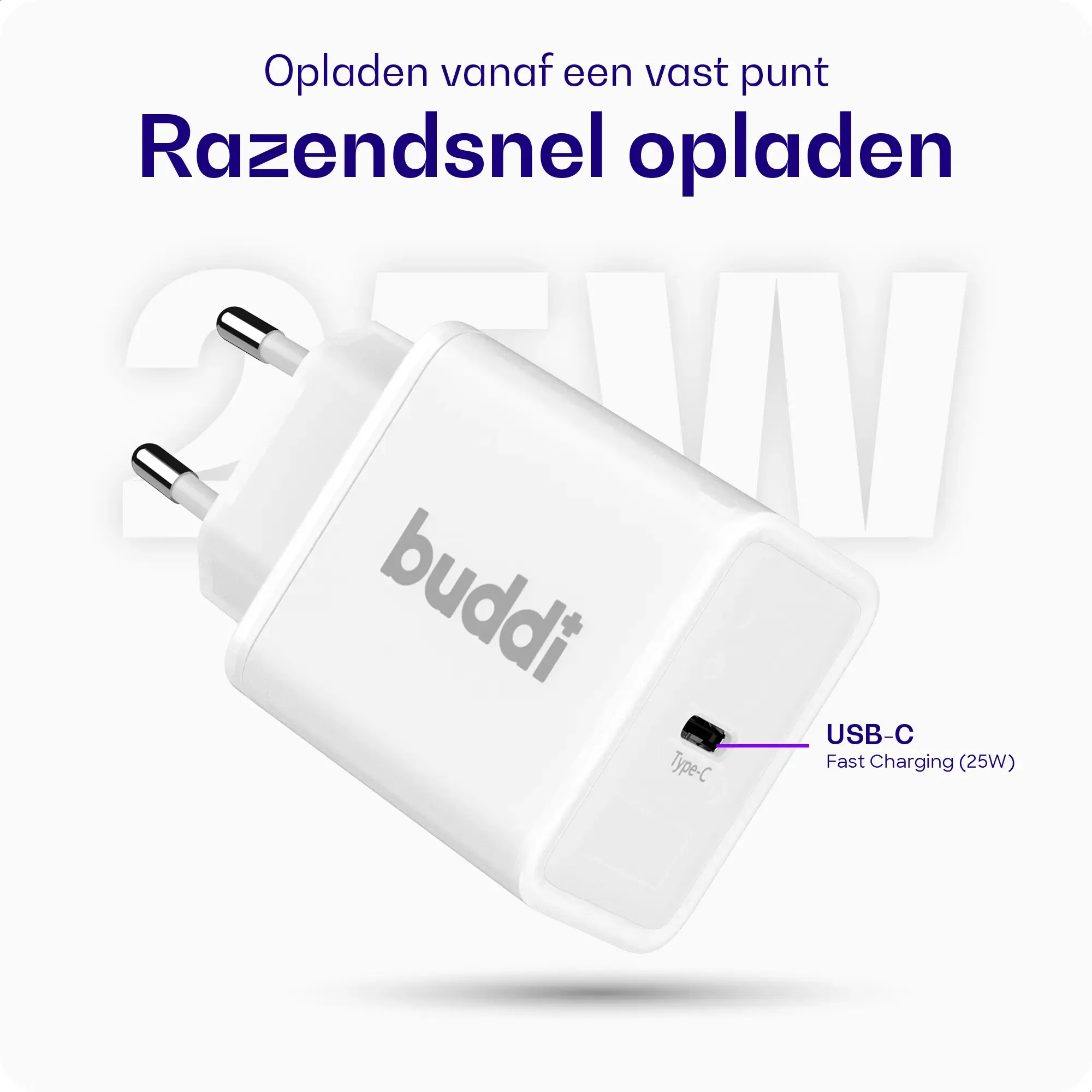 Buddi Power 25W USB-C Power Adapter met USB-C Kabel 0,3M Wit afbeelding 2