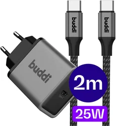Buddi Power 25W USB-C Power Adapter met USB-C Kabel 2M Grijs afbeelding