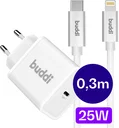 Buddi Power 25W Power Adapter USB-C Oplader met 20W Lightning Kabel 0,3M Wit