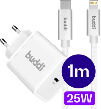 Buddi Power 25W Power Adapter USB-C Oplader met 20W Lightning Kabel 1M Wit