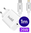 Buddi Power 25W Power Adapter USB-C Oplader met 20W Lightning Kabel 1M Wit
