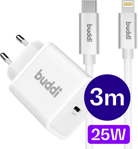 Buddi Power 25W Power Adapter USB-C Oplader met 20W Lightning Kabel 3M Wit afbeelding 1