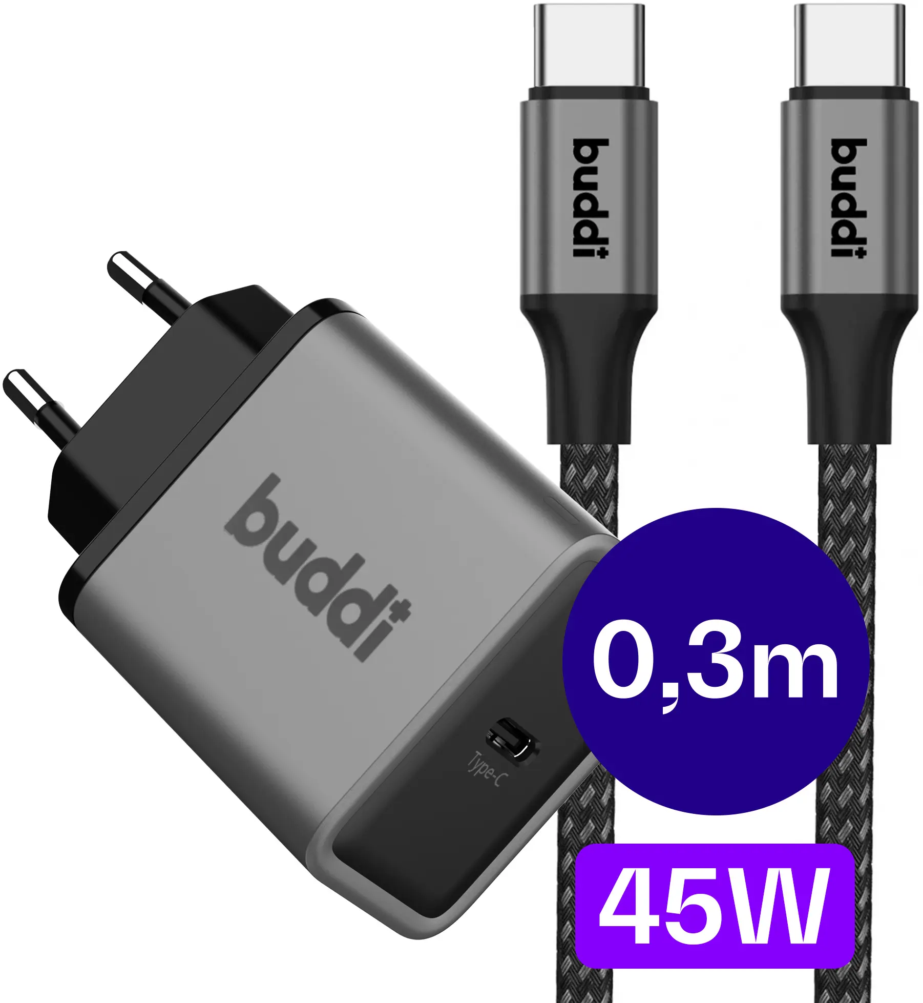 Buddi Power 45W USB-C Oplader Power Adapter met USB-C Kabel 0,3M Grijs afbeelding 1