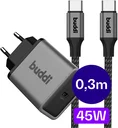 Buddi Power 45W USB-C Oplader Power Adapter met USB-C Kabel 0,3M Grijs