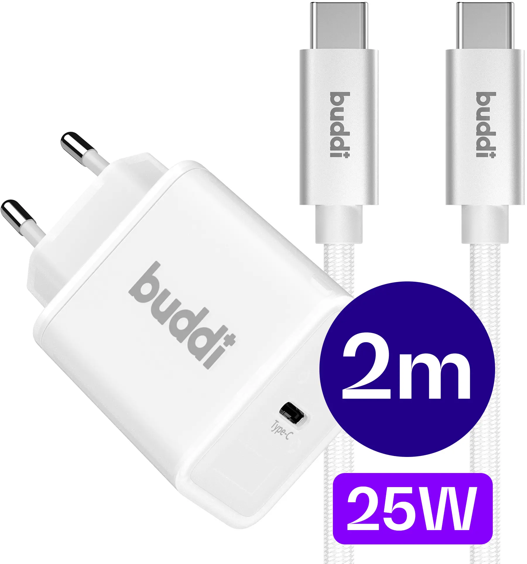 Buddi Power 25W USB-C Power Adapter met USB-C Kabel 2M Wit afbeelding 1