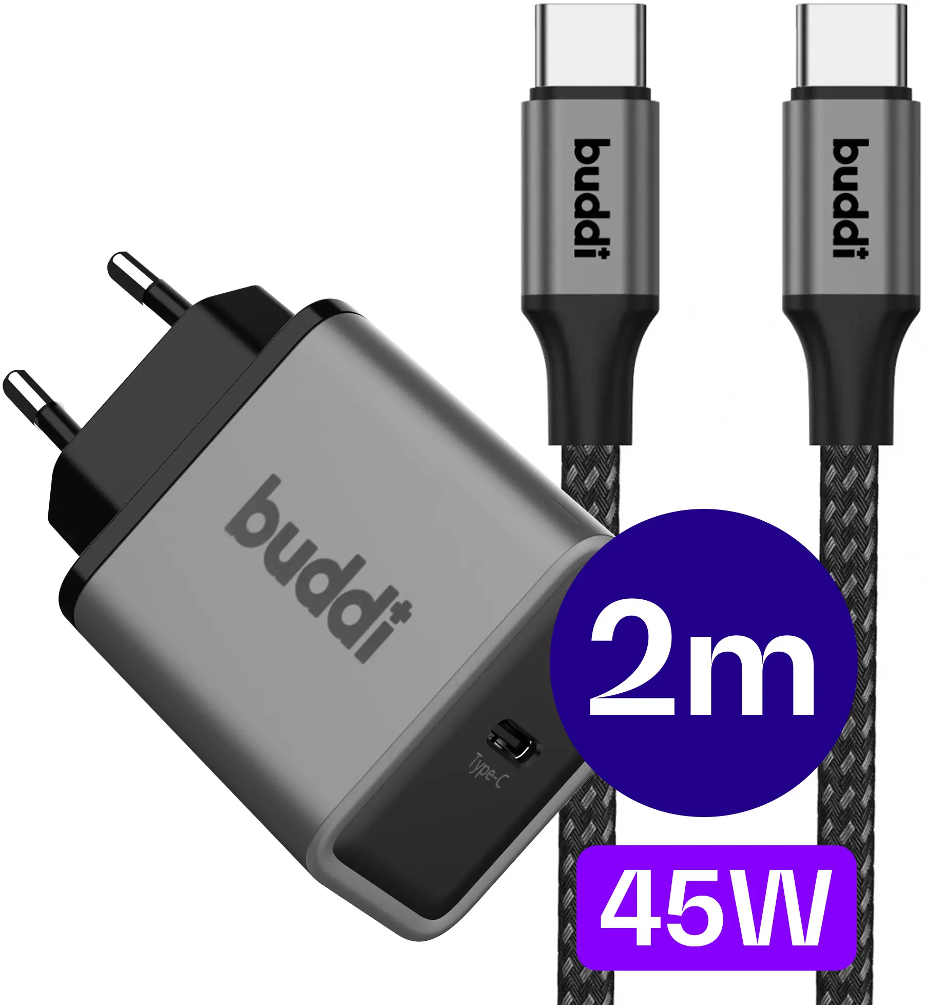 Buddi Power 45W USB-C Oplader Power Adapter met USB-C Kabel 2M Grijs afbeelding 1