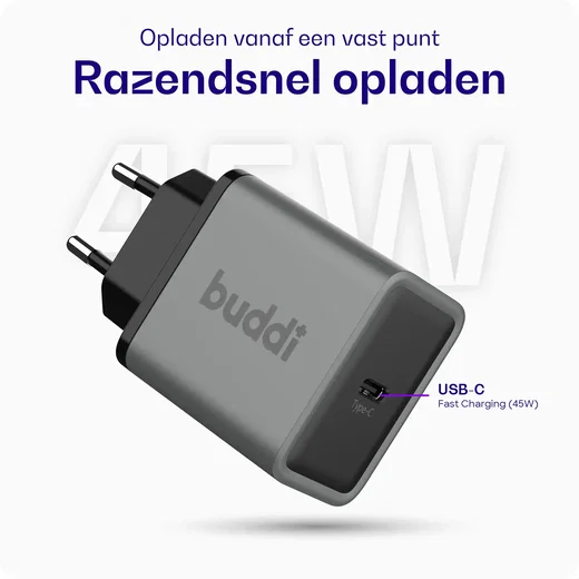 Buddi Power 45W USB-C Oplader Power Adapter met USB-C Kabel 2M Grijs afbeelding 2