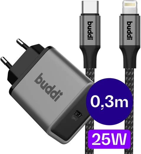 Buddi Power 25W Power Adapter USB-C Oplader met 20W Lightning Kabel 0,3M Grijs afbeelding 1