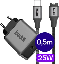Buddi Power 25W Power Adapter USB-C Oplader met Garmin Watch Kabel 0,5M Grijs afbeelding