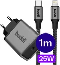 Buddi Power 25W Power Adapter USB-C Oplader met 20W Lightning Kabel 1M Grijs