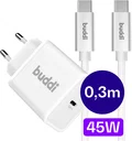 Buddi Power 45W USB-C Oplader Power Adapter met USB-C Kabel 0,3M Wit