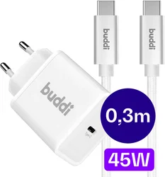 Buddi Power 45W USB-C Oplader Power Adapter met USB-C Kabel 0,3M Wit afbeelding