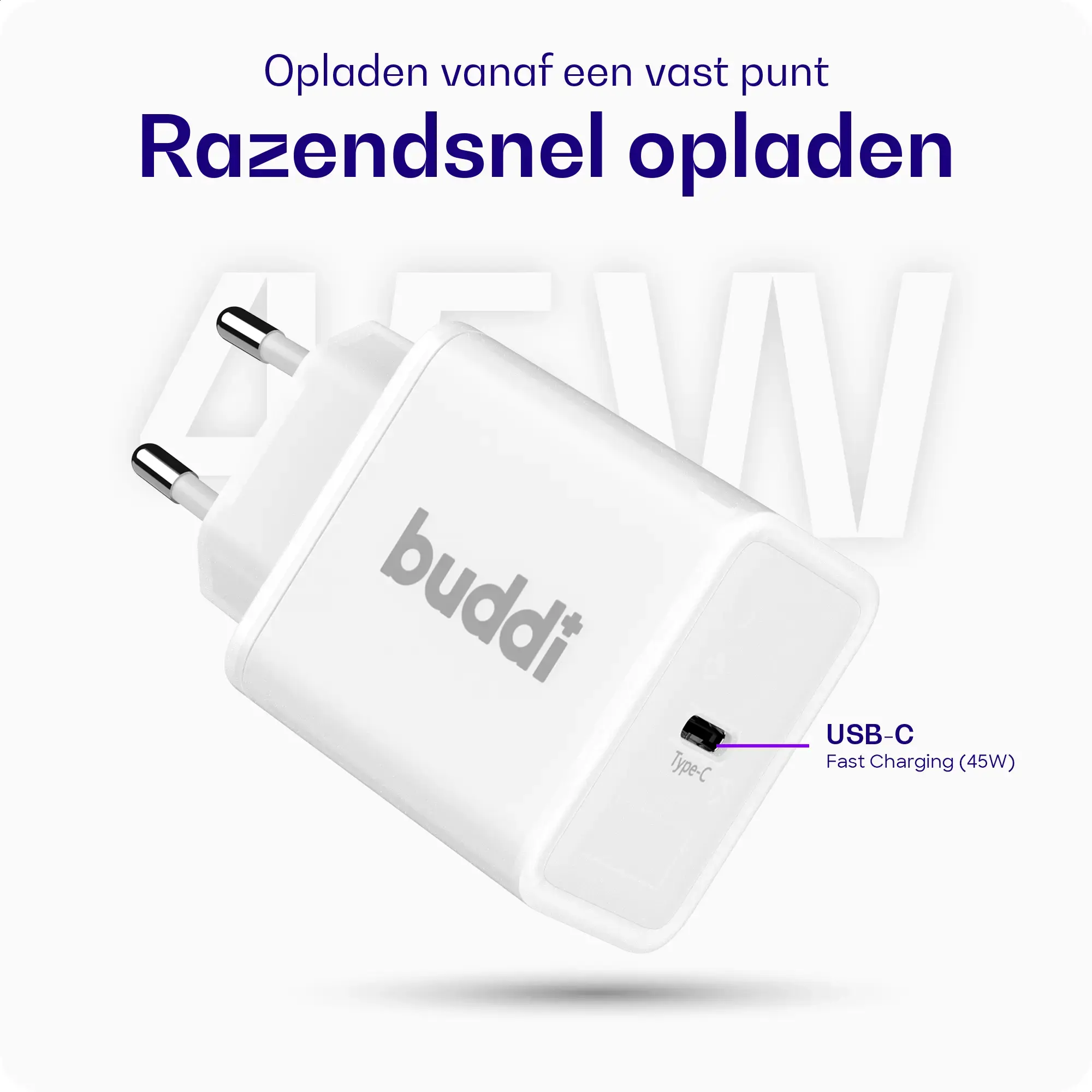 Buddi Power 45W USB-C Oplader Power Adapter met USB-C Kabel 1M Wit afbeelding 2