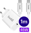 Buddi Power 45W USB-C Oplader Power Adapter met USB-C Kabel 1M Wit