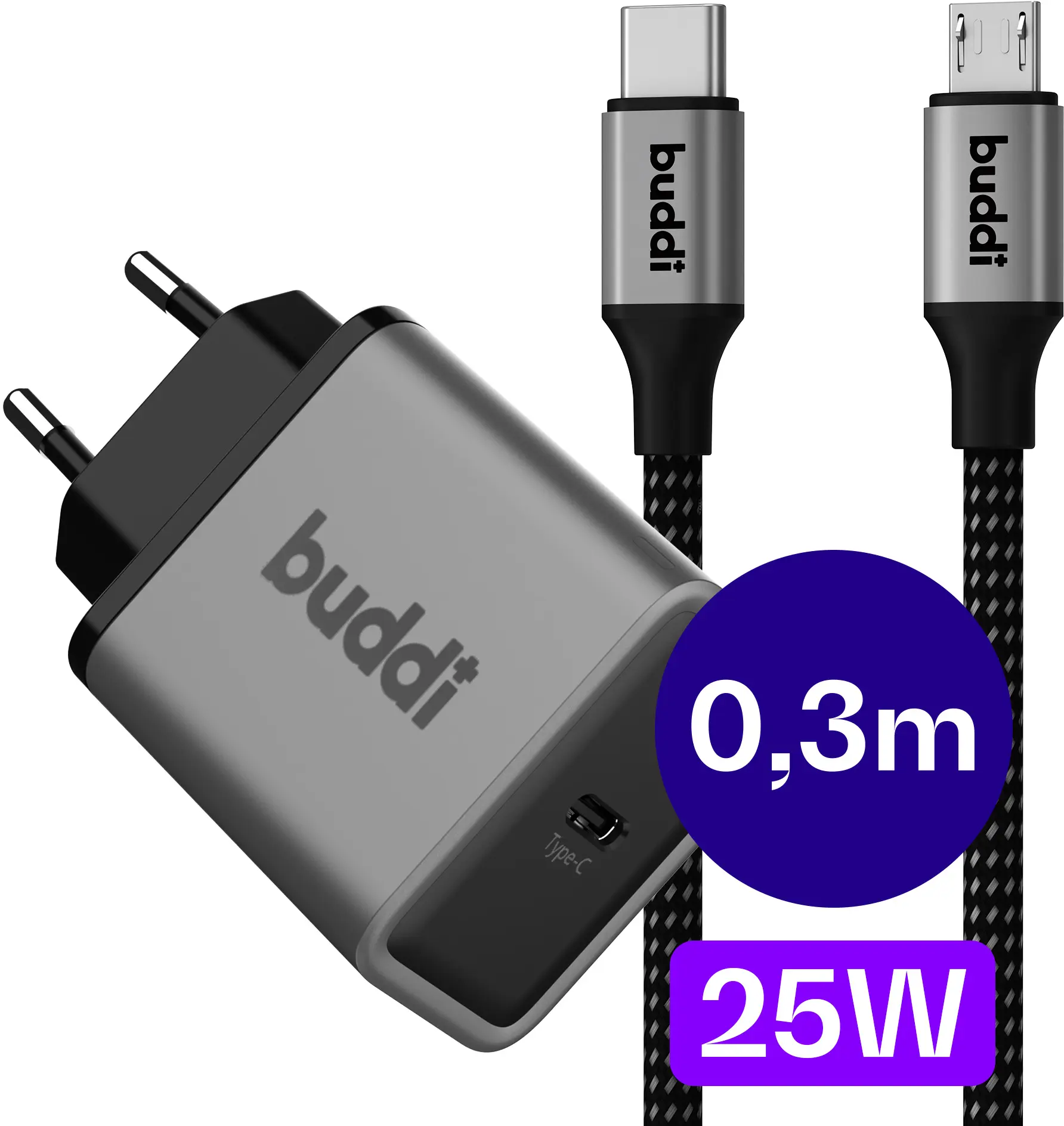 Buddi Power 25W Power Adapter USB-C Oplader met Micro-USB Kabel 0,3M Grijs afbeelding 1