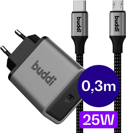 Buddi Power 25W Power Adapter USB-C Oplader met Micro-USB Kabel 0,3M Grijs afbeelding 1