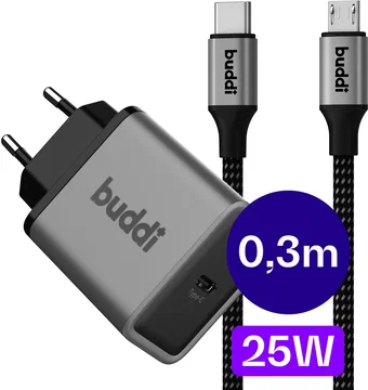 Buddi Power 25W Power Adapter USB-C Oplader met Micro-USB Kabel 0,3M Grijs