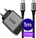 Buddi Power 25W Power Adapter USB-C Oplader met Micro-USB Kabel 1M Grijs
