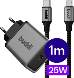 Buddi Power 25W Power Adapter USB-C Oplader met Micro-USB Kabel 1M Grijs afbeelding