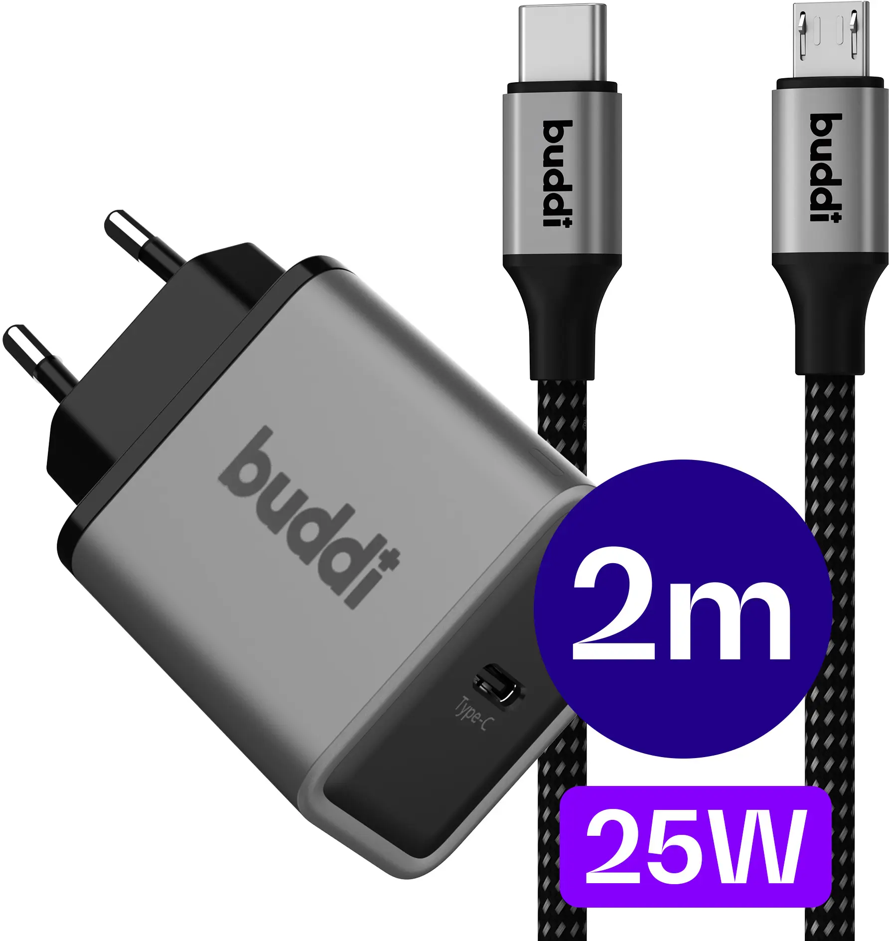 Buddi Power 25W Power Adapter USB-C Oplader met Micro-USB Kabel 2M Grijs afbeelding 1