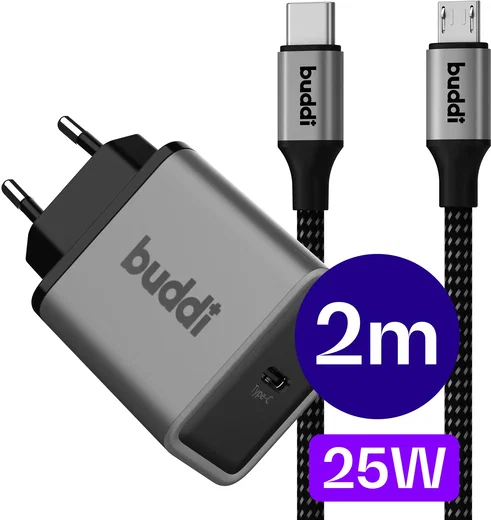 Buddi Power 25W Power Adapter USB-C Oplader met Micro-USB Kabel 2M Grijs afbeelding 1