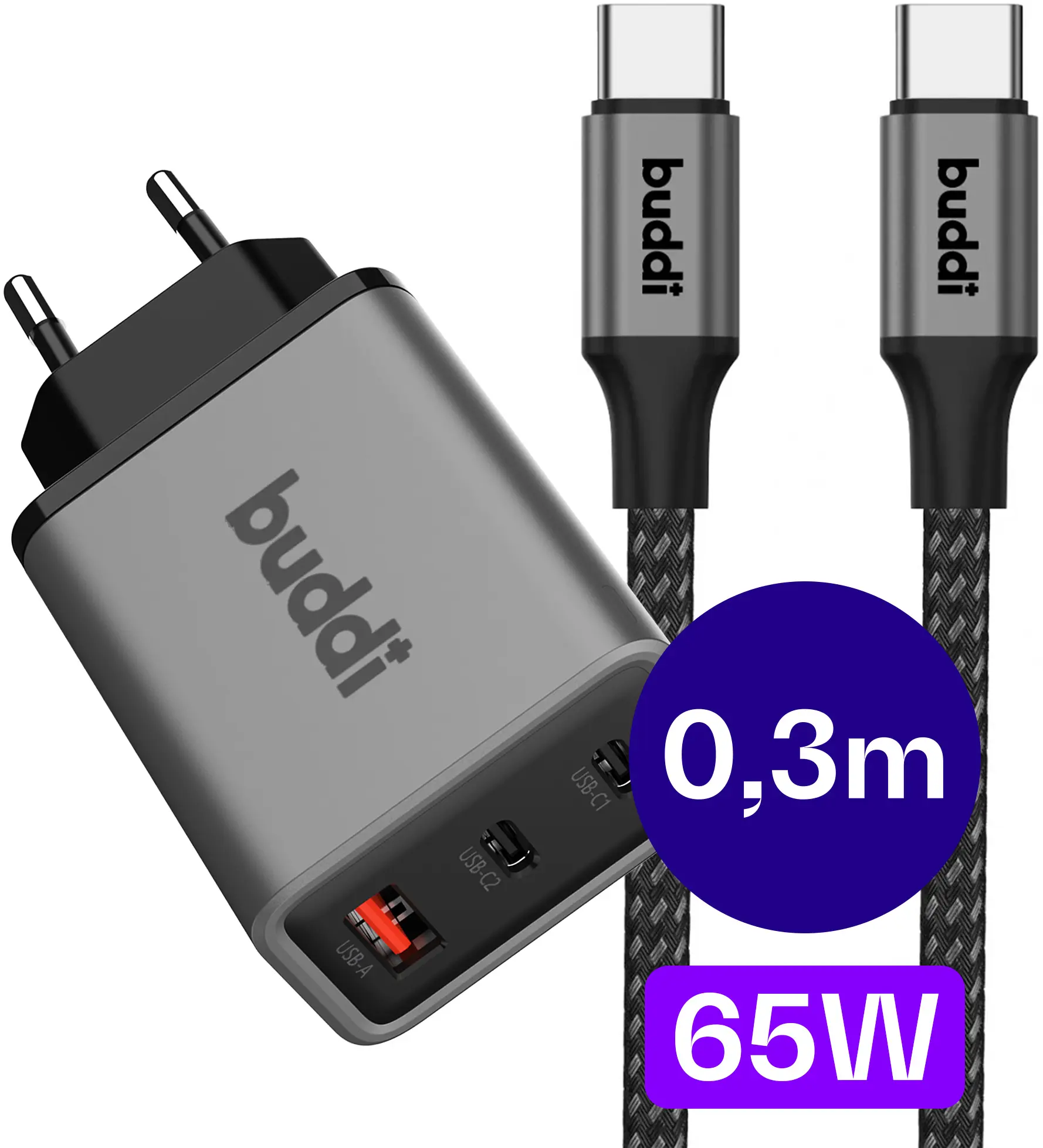Buddi Power 65W 2x USB-C + USB-A Snellader met USB-C Kabel 0,3M Grijs afbeelding 1