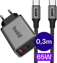 Buddi Power 65W 2x USB-C + USB-A Snellader met USB-C Kabel 0,3M Grijs