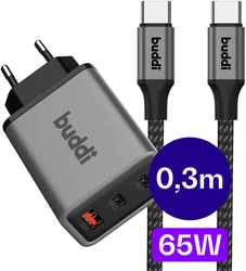 Buddi Power 65W 2x USB-C + USB-A Snellader met USB-C Kabel 0,3M Grijs afbeelding